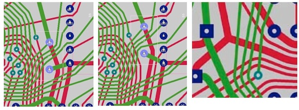 图9：自动移动过孔(淡蓝色圆)和分支点。(a)原始设计的一部分，(b)移动过孔后的设计，(c)分支点(3条红色导线)被自动移动到最佳位置。