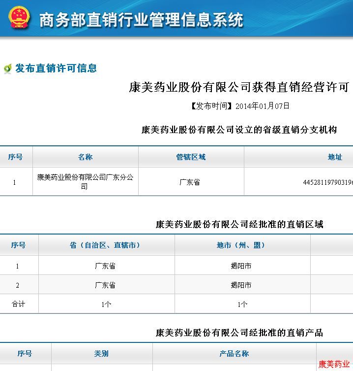 商务部正式公布康美药业获得直销牌照 商务部正式公布康美药业获得直销牌照